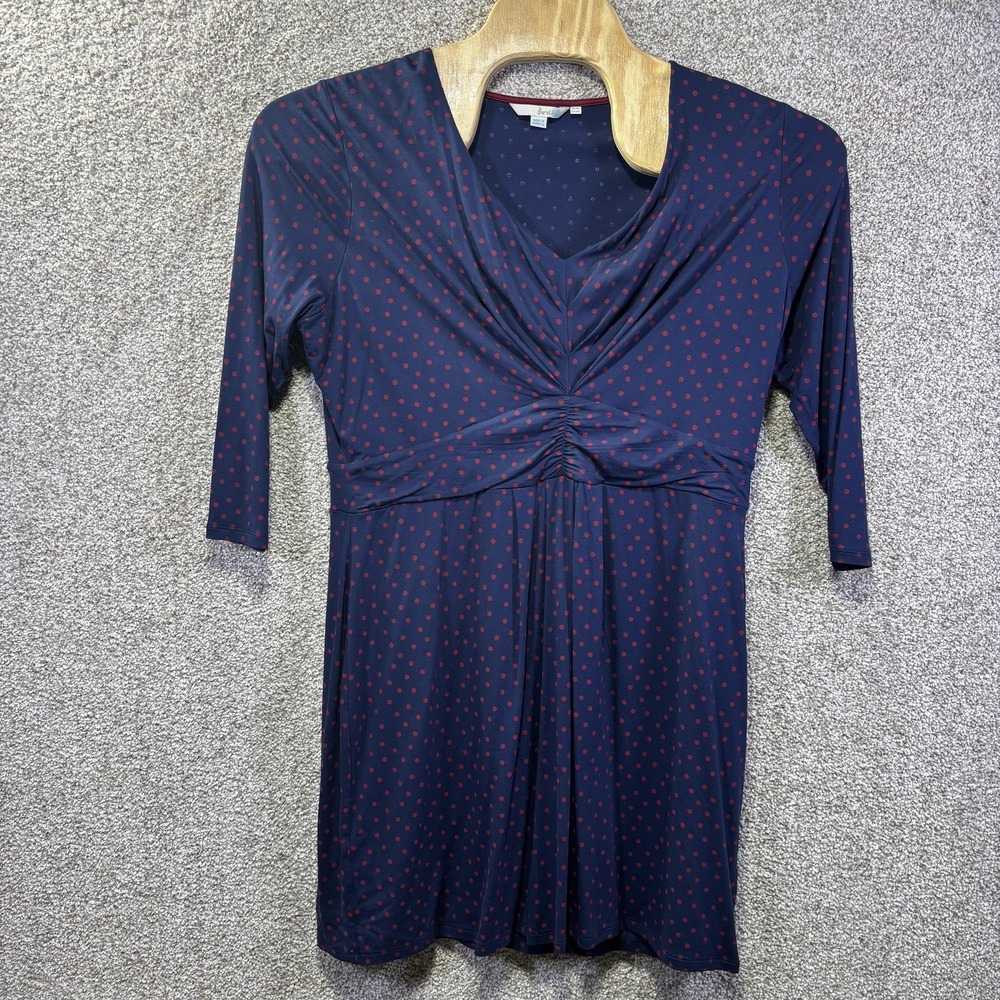 Boden Dress Womens 16L Blue Polka Dot 3/4 Sleeve V Neck Fit & Flare Ruched